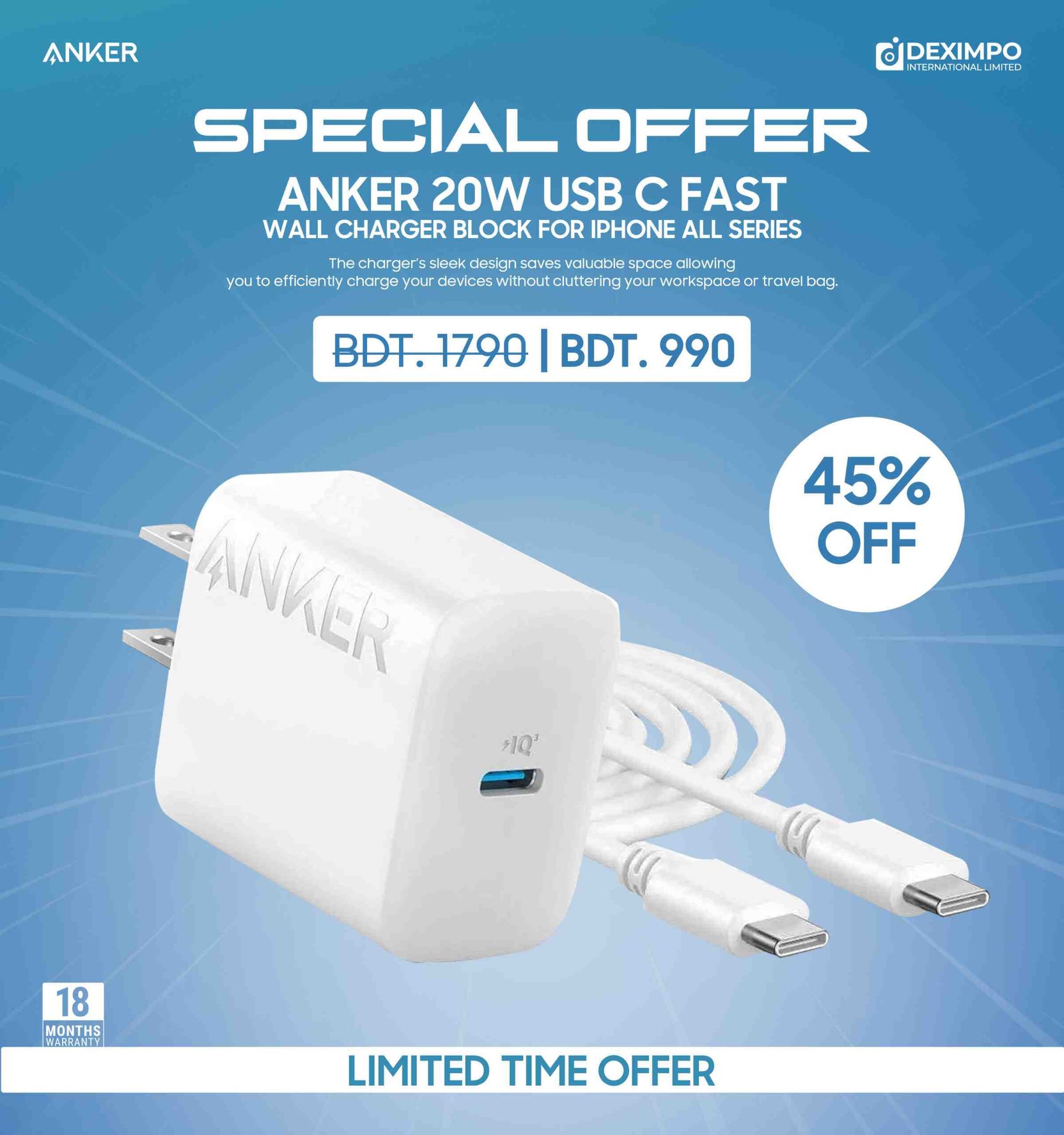 1 Anker 20W USB C Fast Wall Charger with Type C to C Cable - Image 1