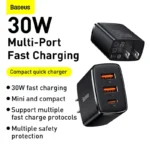 BASEUS Compact Quick Charger 2U+C Three Ports 30W Travel Power Adapter - Image 4